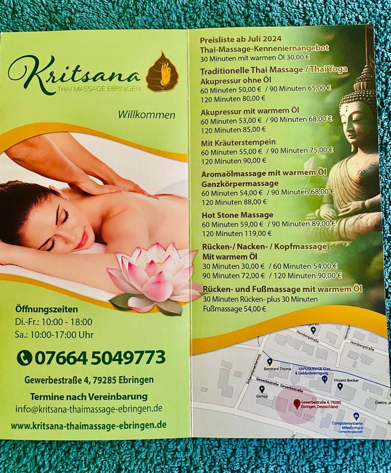 Aktuelle Preisliste der Kritsana  Thai Massagepraxis